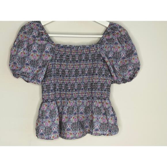 J. Crew Liberty Club Nouveau Fabric Smocked Square Neck Blouse Top Purple Blue M - Picture 3 of 8